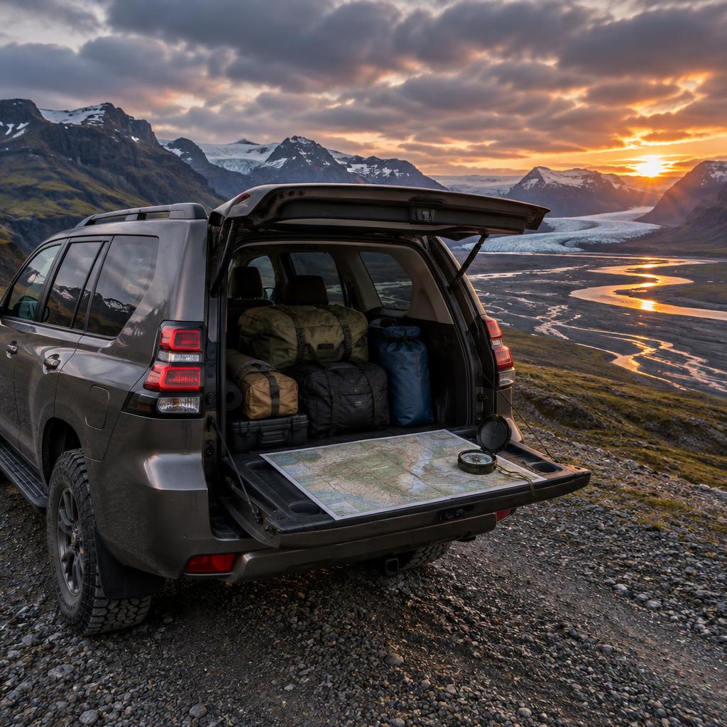 The bronze Land Cruiser jeep with a trail map and compass on the open tailgate in the Icelandic highlands