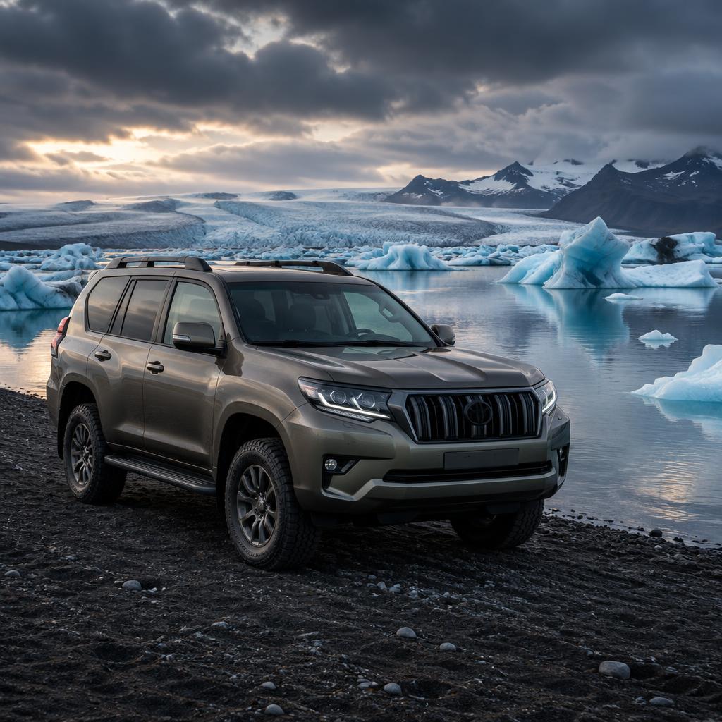 The bronze Land Cruiser jeep parked on black sand beside the icebergs of Jökulsárlón glacier lagoon