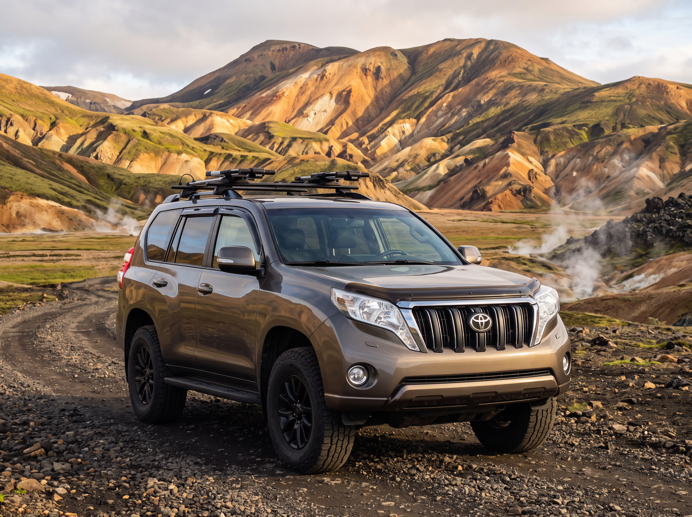 The bronze Land Cruiser jeep in front of the colorful rhyolite mountains of Landmannalaugar