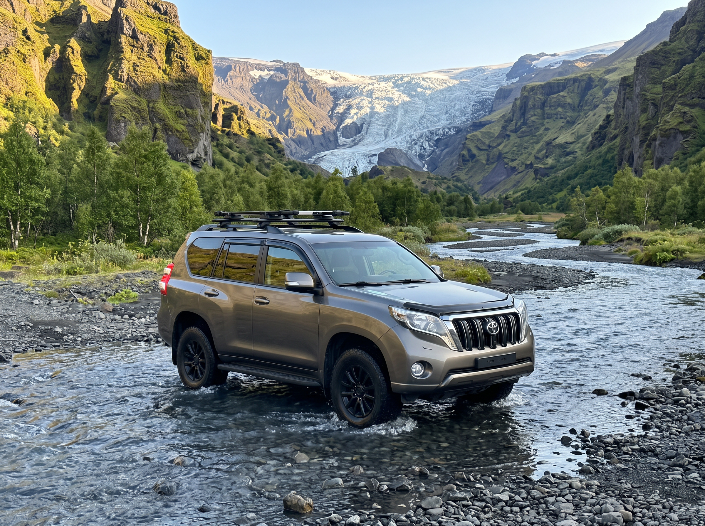 The bronze Land Cruiser jeep crossing a river in the green valley of Þórsmörk