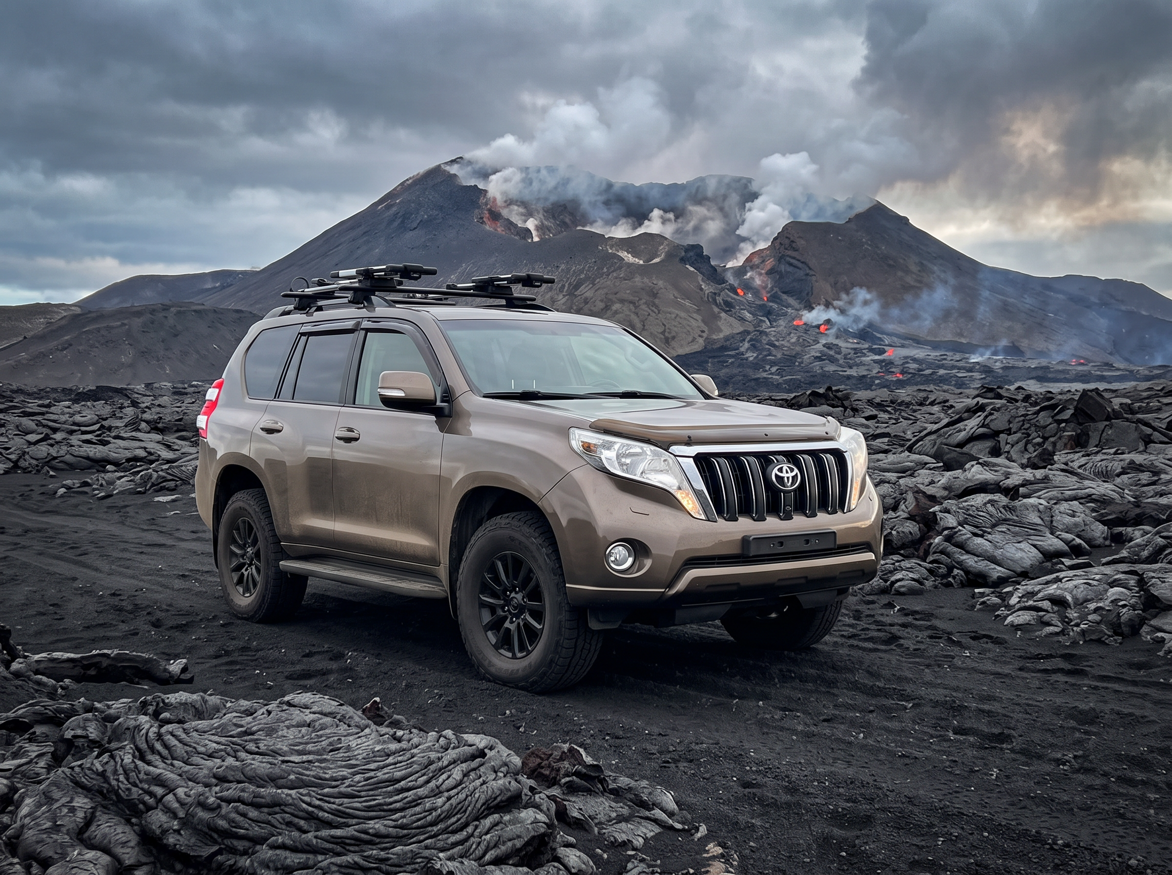 The bronze Land Cruiser jeep parked on black lava sand in front of a dramatic Icelandic volcano