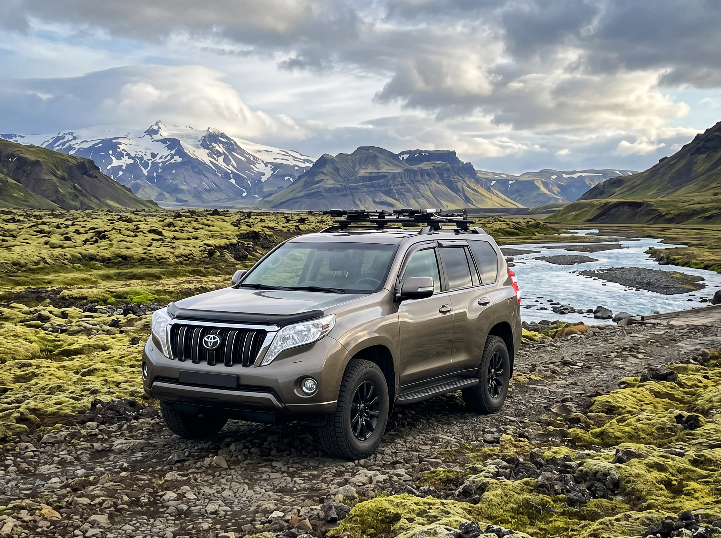 Bronze Toyota Land Cruiser GX jeep with roof rack parked on mossy lava fields beside a glacial river in Iceland
